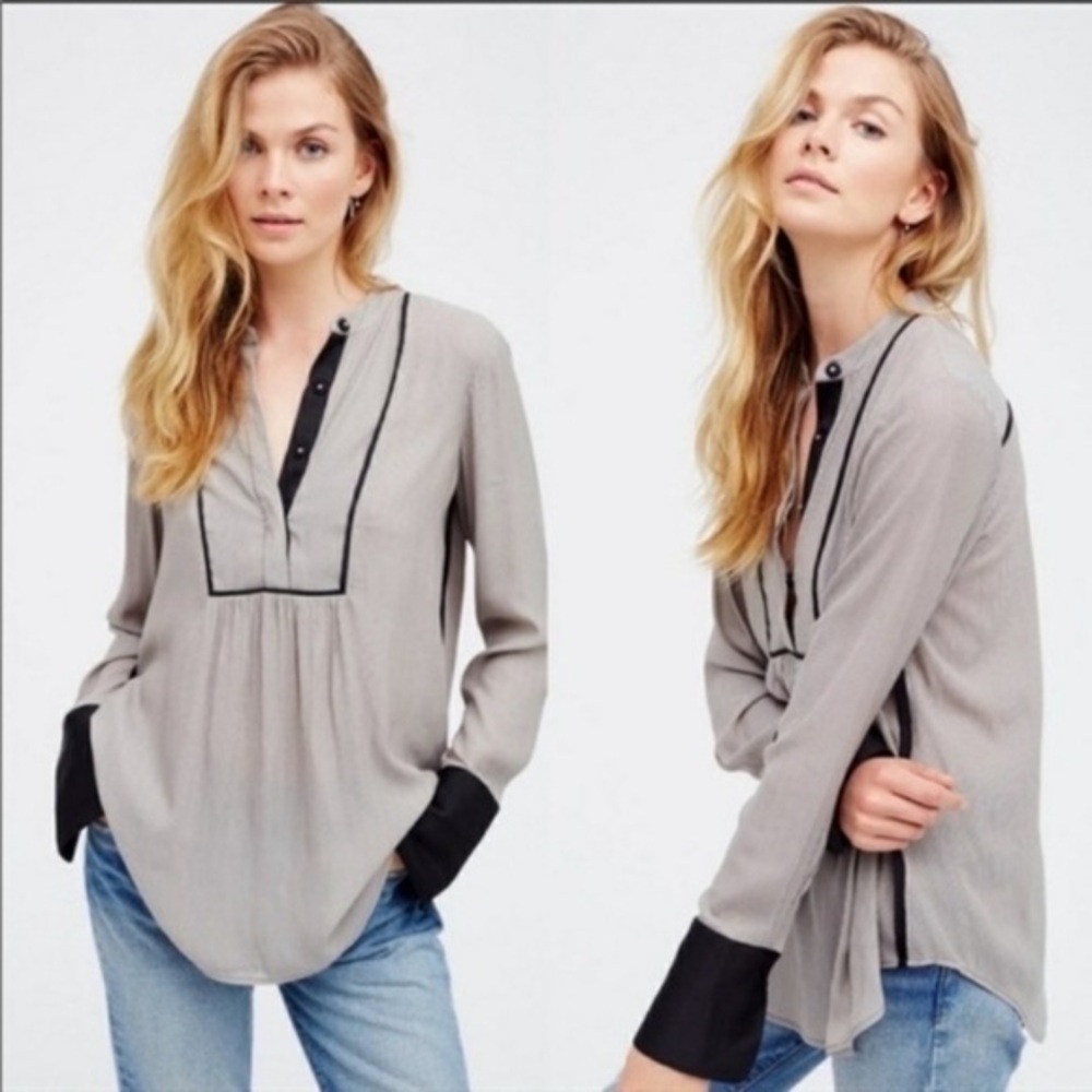NWT FREE PEOPLE black white pinstripe 1/2 button-up blouse top collared shirt
